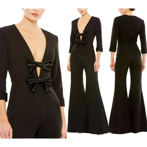 Ieena For Mac Duggal Black Jumpsuit With Plunge Neckline & Bow Accents Size 6 - Picture 2 of 12